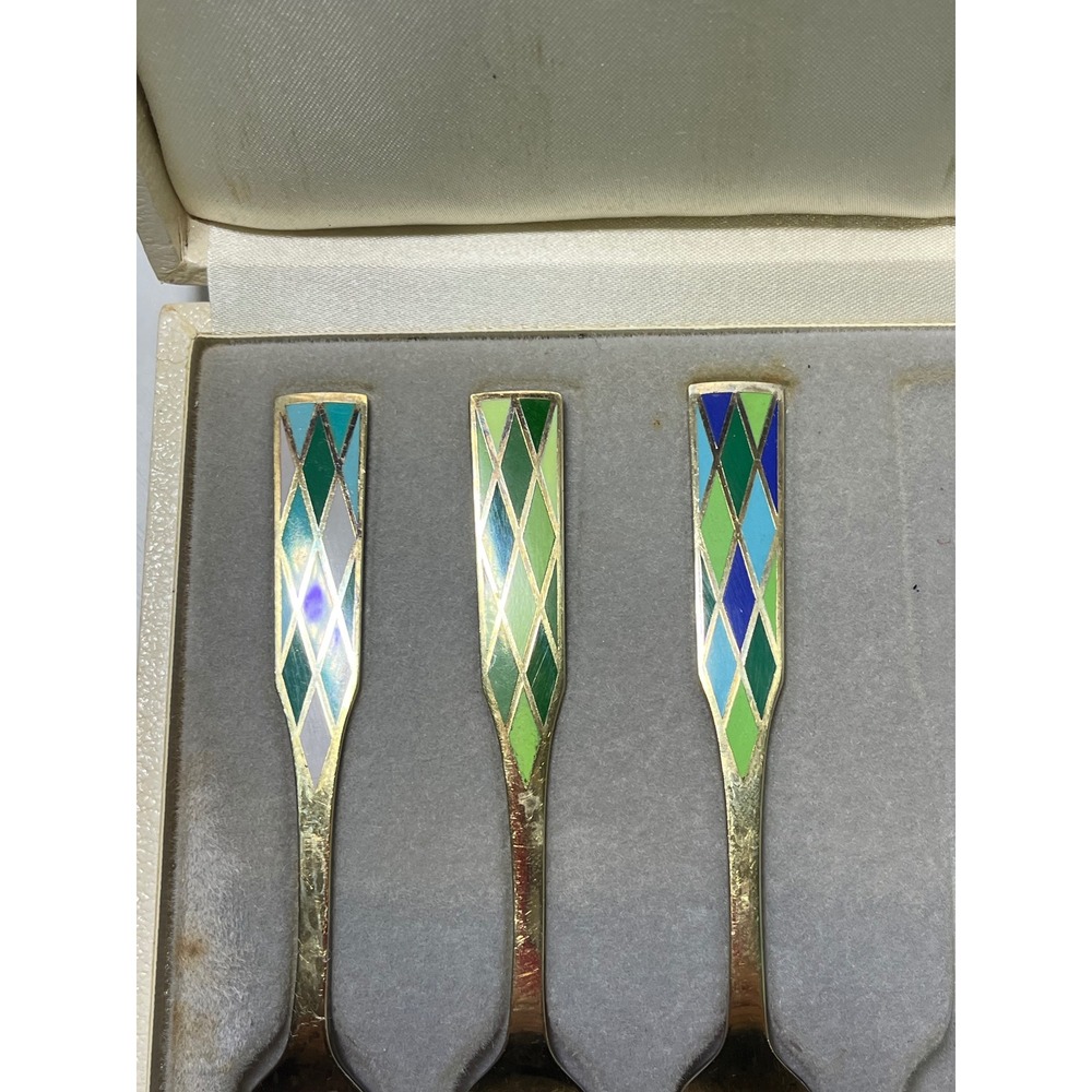 Vintage Georg Jensen Sterling Silver Enamel Harlequin Dessert 7 Forks Denmark - Picture 8 of 12
